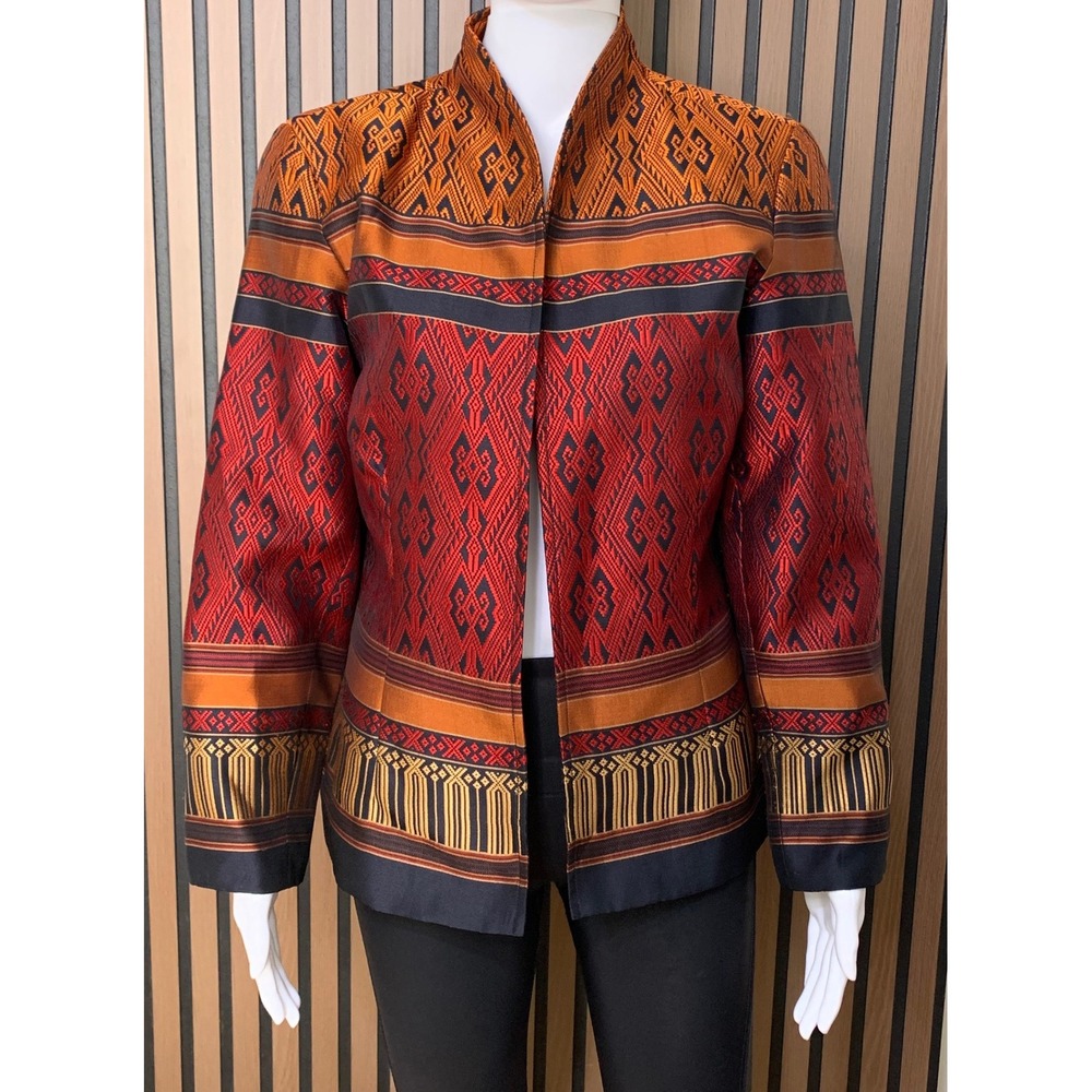 Coldwater Creek Red Orange Ikat Geometric Open Front Blazer Jacket P12 Artsy